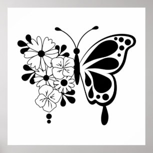Svart och vit Blommigt Butterfly Poster