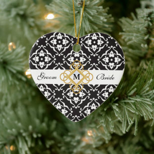 Svart och vit Blommigt Damask Wedding Keepsak Julgransprydnad Keramik