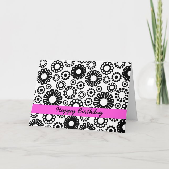 Svart och vit blommigt födelsekort kort (Framsida)