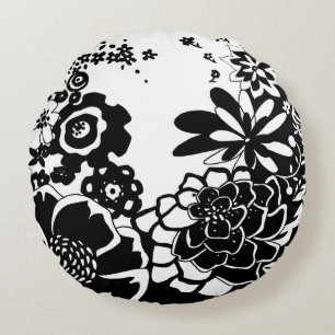Svart och vit Blommigt Garden Graphic Mönster Rund Kudde