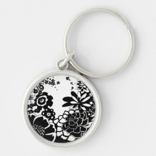 Svart och vit Blommigt Garden Graphic Mönster Rund Silverfärgad Nyckelring