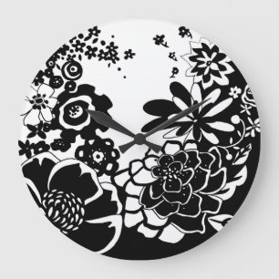 Svart och vit Blommigt Garden Graphic Mönster Stor Klocka