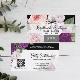 Svart och vit Blommigt Hair Salon Stylist QR-kod Visitkort