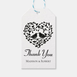 Svart och vit Blommigt Hjärta mot Lovfåglar Tack Presentetikett