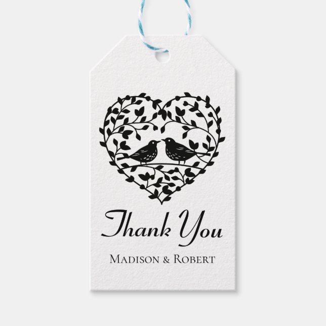 Svart och vit Blommigt Hjärta mot Lovfåglar Tack Presentetikett (Framsidan)