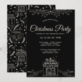 Svart och vit Blommigt jul Party Inbjudningar