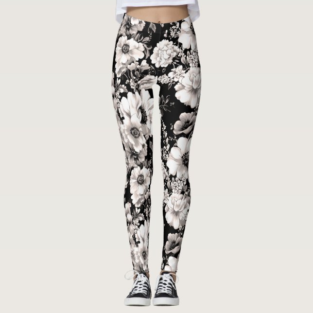 Svart och vit blommigt leggings (Framsida)