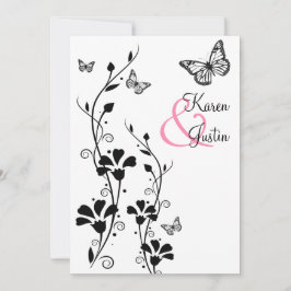 Svart och vit Blommigt med Butterflies på Linen Inbjudningar