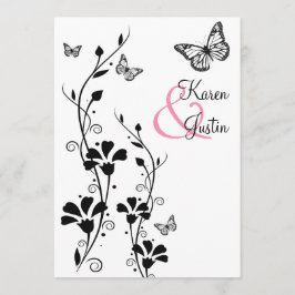 Svart och vit Blommigt med Butterflies på Linen Inbjudningar