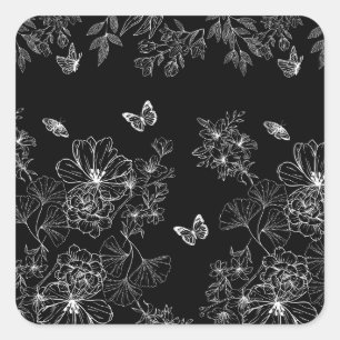 Svart och vit Blommigt Mönster minimalistisk Fyrkantigt Klistermärke