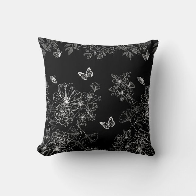 Svart och vit Blommigt Mönster minimalistisk Kudde (Framsida)