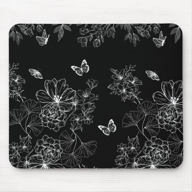 Svart och vit Blommigt Mönster minimalistisk Musmatta (Framsidan)