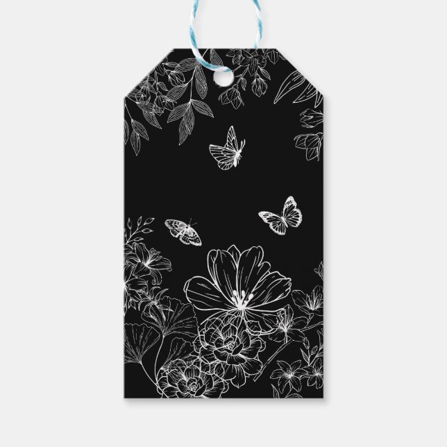 Svart och vit Blommigt Mönster minimalistisk Presentetikett (Framsidan)
