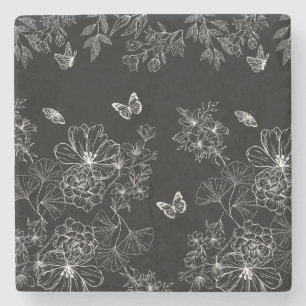 Svart och vit Blommigt Mönster minimalistisk Stenunderlägg