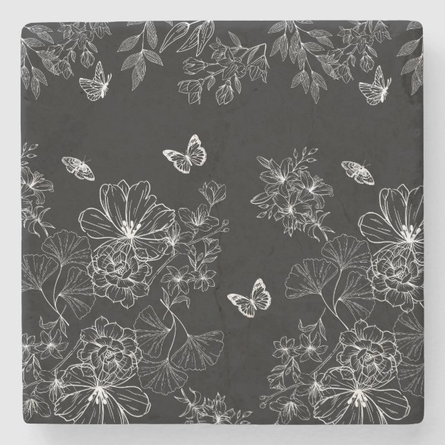 Svart och vit Blommigt Mönster minimalistisk Stenunderlägg (Framsidan)