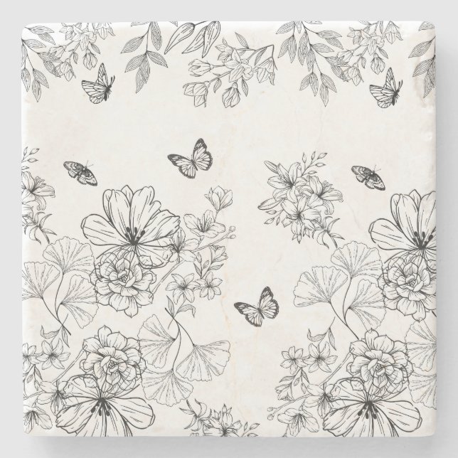 Svart och vit Blommigt Mönster minimalistisk Stenunderlägg (Framsidan)