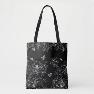 Svart och vit Blommigt Mönster minimalistisk Tygkasse