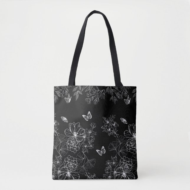 Svart och vit Blommigt Mönster minimalistisk Tygkasse (Framsida)