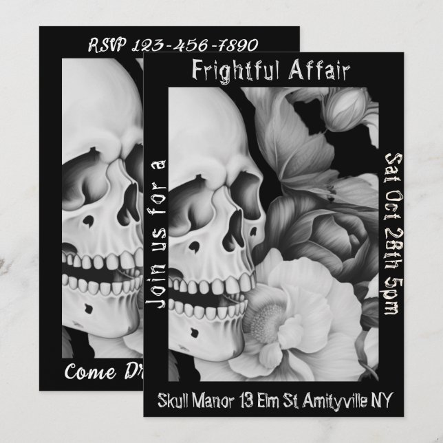 Svart och vit Blommigt Skullig Halloween-inbjudan Inbjudningar (Fram/baksida)