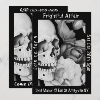 Svart och vit Blommigt Skullig Halloween-inbjudan Inbjudningar