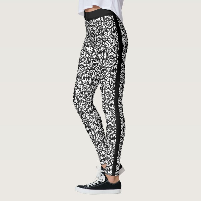 Svart och vit Blommigt Swirl Leggings (Vänster)