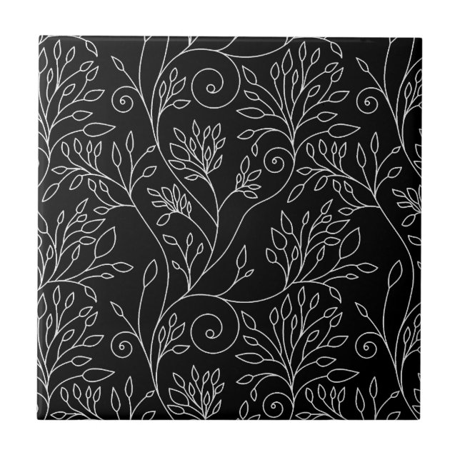 Svart och vit blommigt Tile Kakelplatta (Framsidan)