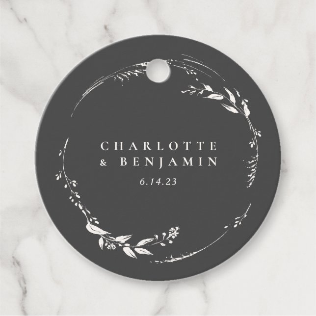 Svart och vit Blommigt Utandning Monogram Bröllop Gåvor Etiketter (Framsida)