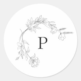 Svart och vit Blommigt Utandningsetikett Monogram Runt Klistermärke
