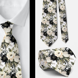 Svart och vit Blommigt vattenfärg Slips