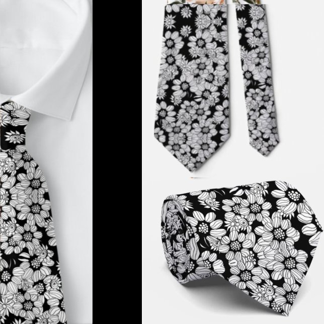 Svart och vit blomster abstrakt blommönster slips (Skapare uppladdad)