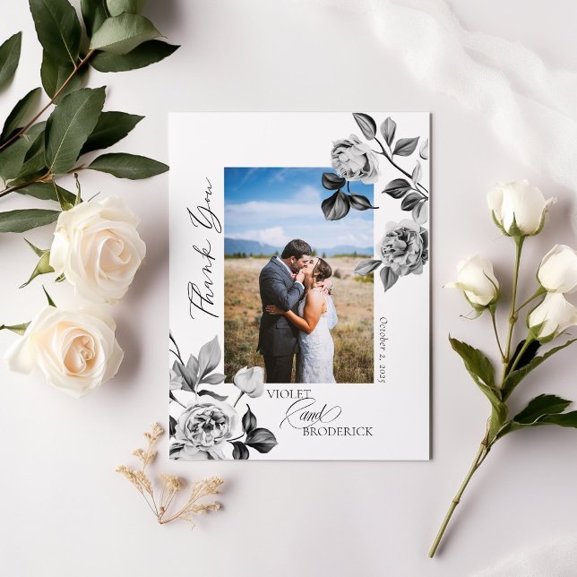Svart och vit blomster Anpassningsbar Tacksamhetsk Tack Kort (Skapare uppladdad)