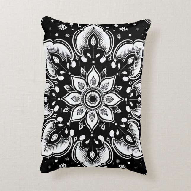 Svart och vit blomster mandala ländkudde prydnadskudde (Baksidan(Vertikal))