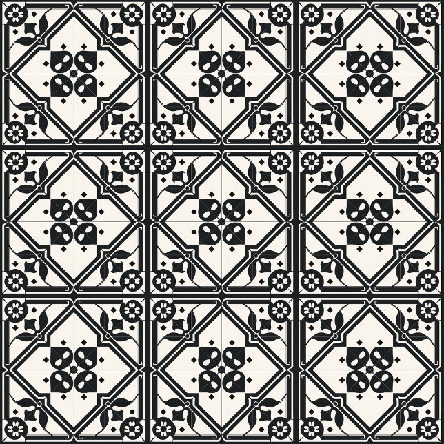 Svart och vit blomster vintageplatta kakelplatta (Elegant Tile Pattern - 3 x 3 tiles with black grout )