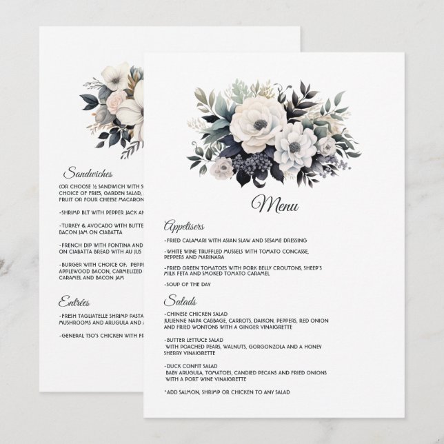 Svart och vit blomsterbröllop meny (Fram/baksida)