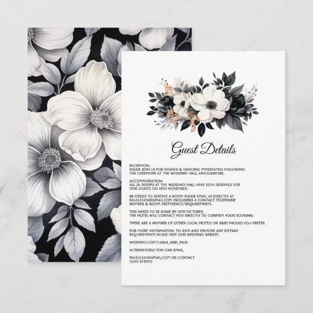 Svart och vit blomsterbröllopsgästinformation tilläggskort (Fram/baksida)