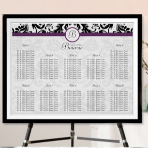 Svart och vit blomsterdamast med lila accent poster