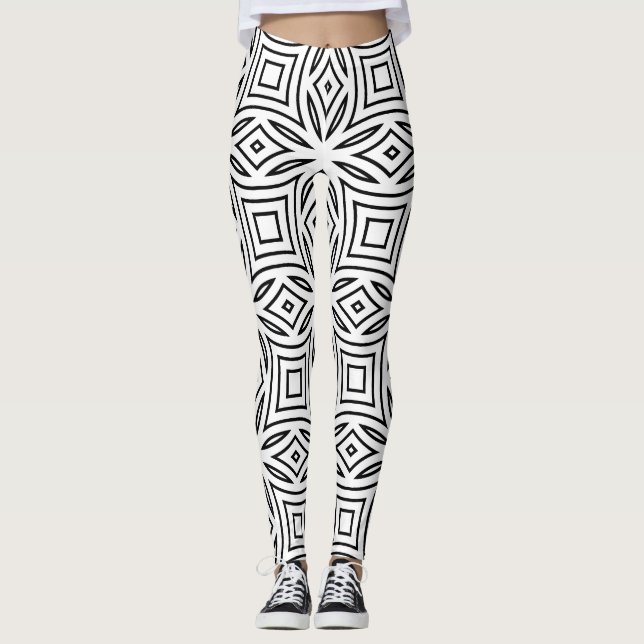 Svart och vit blomstergeometrisk mönster leggings (Framsida)