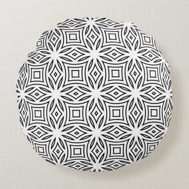 Svart och vit blomstergeometrisk mönster rund kudde (Framsidan)