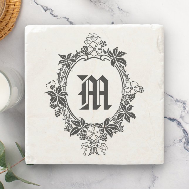 Svart och vit blomsterkant med monogram stenunderlägg (Skapare uppladdad)