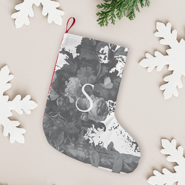 Svart och vit blomsterkonst personlig liten julstrumpa (Skapare uppladdad)