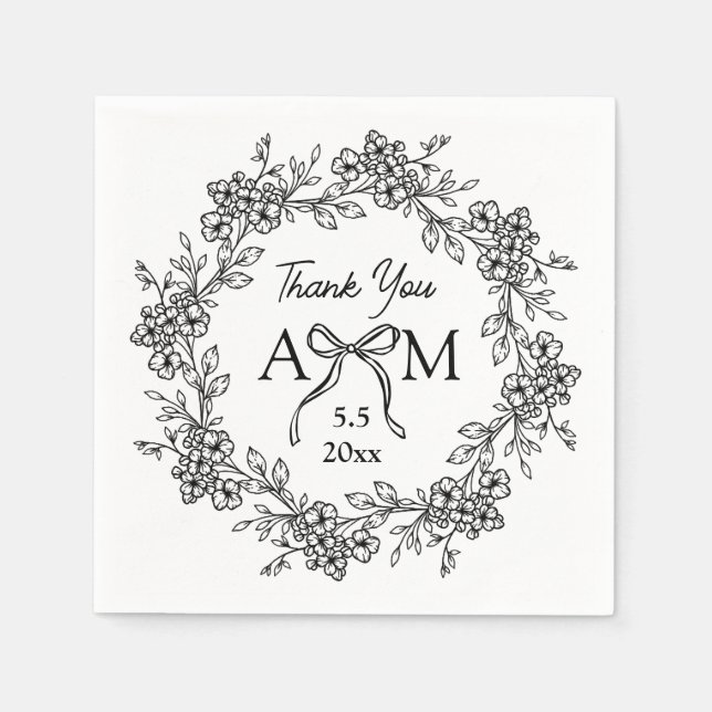 Svart och vit blomsterkransbåge monogram bröllop pappersservett (Framsidan)
