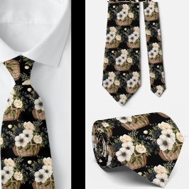 Svart och vit blomstermålning i akvarellstil slips