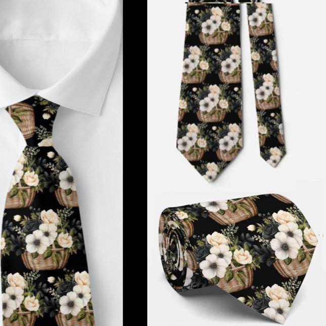 Svart och vit blomstermålning i akvarellstil slips (Skapare uppladdad)