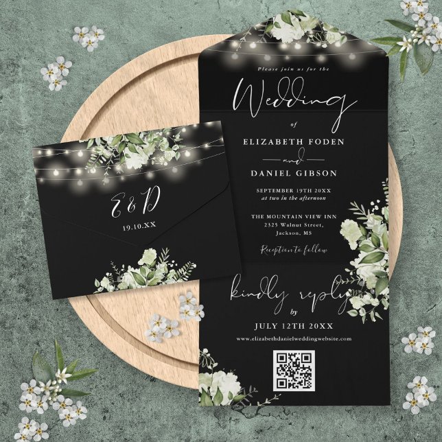 Svart och vit blomstermönstrade ljus QR-kod bröllo (Black And White Floral Lights QR Code Wedding All In One Invitation)