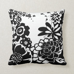 Svart och vit blomsterträdgård grafiskt mönster kudde