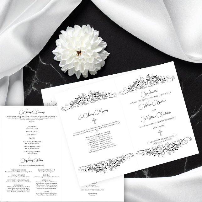 Svart och vit blomstrande elegans vigselprogram (Black and White Flourish Elegance folded wedding program to give out to your wedding guests.)