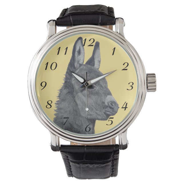 Svart och vit blyertspenna teckning av söt donkey armbandsur (Framsida)