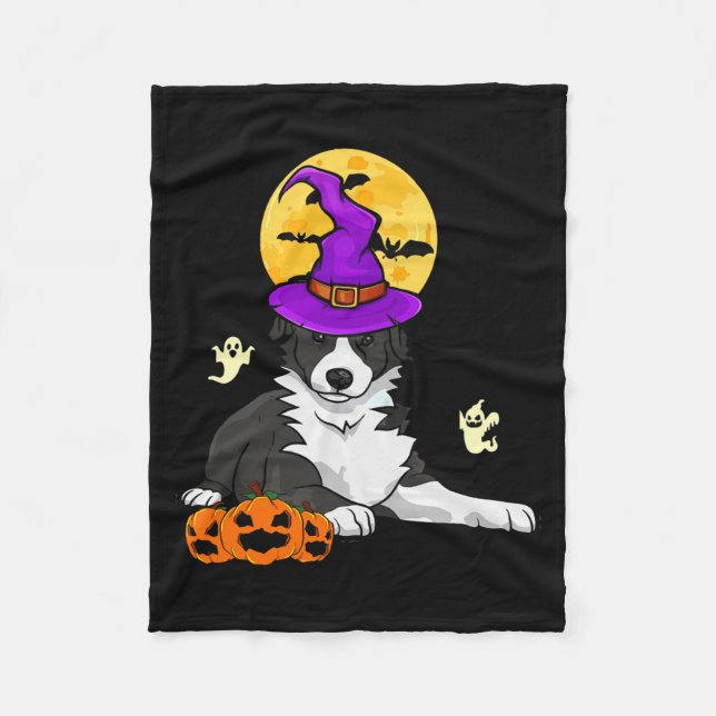 Svart Och Vit Border Collie Häxa Halloween Fleecefilt (Framsidan)