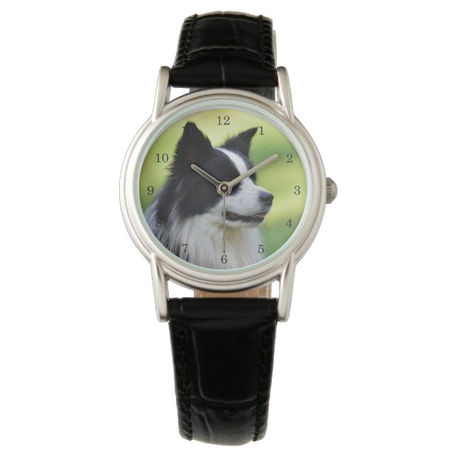 Svart och vit border collie hund armbandsur (Framsida)