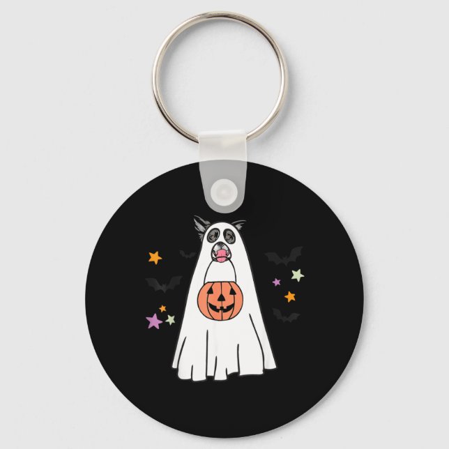 Svart Och Vit Border Collie Hund Boo Halloween Nyckelring (Framsida)